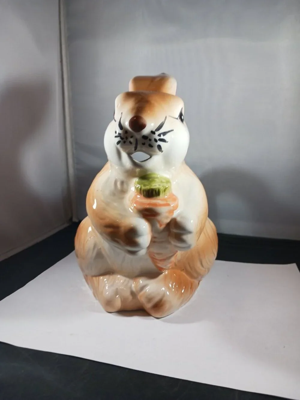Ceramic Big Eyed Brown Bunny Rabbit Carrot Handle Pitcher Vase Easter Decor